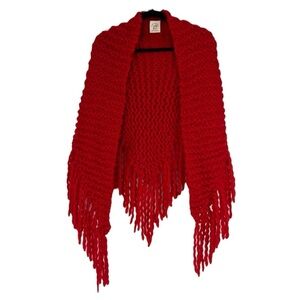LOOPY MANGO 100% Lambswool Red Colorful Knit Fringe Shawl Poncho Sweater OS
